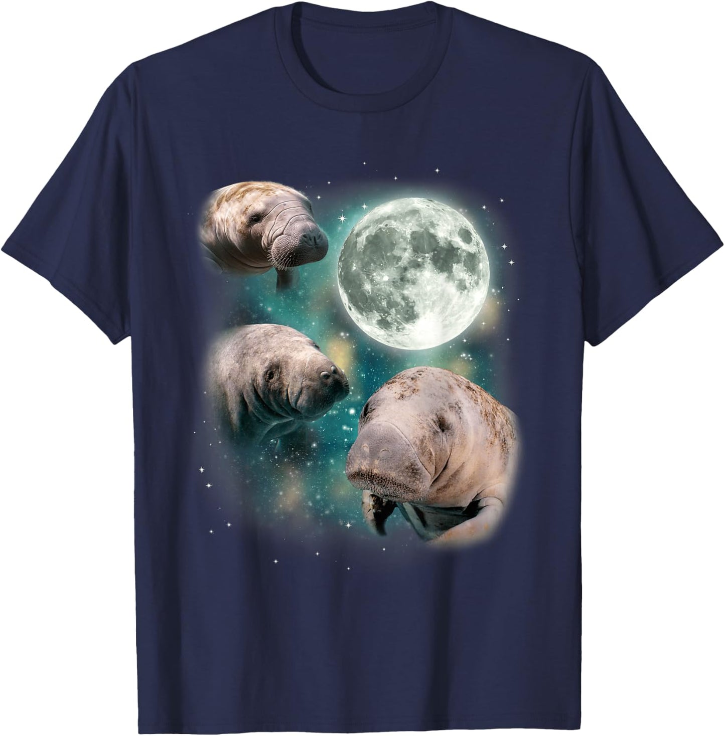 3 Manatee Moon | Three Funny Sea Cows Howl At Moon Manatee T-Shirt - T-Shirt | Navy