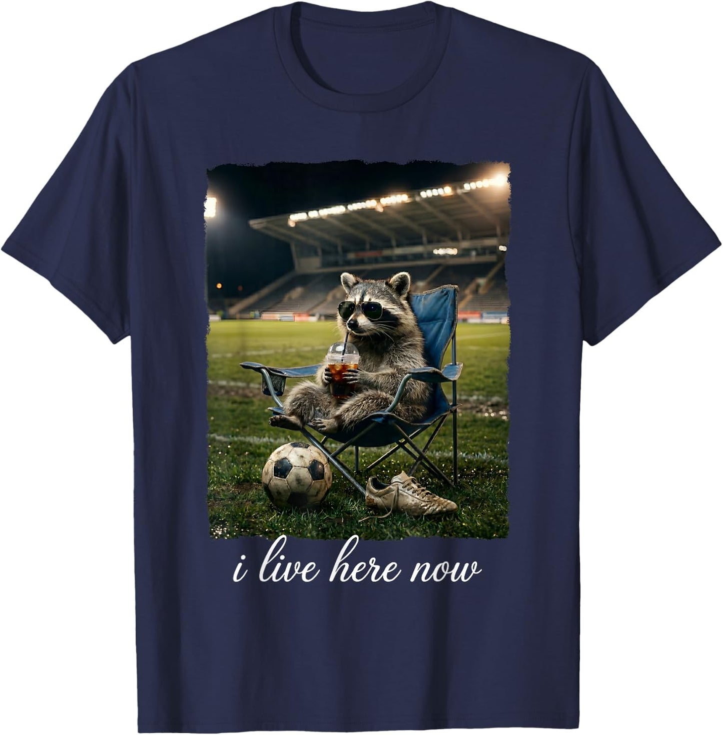 I Live Here Now Soccer Funny Raccoon Iced Coffee T-Shirt - T-Shirt | Navy