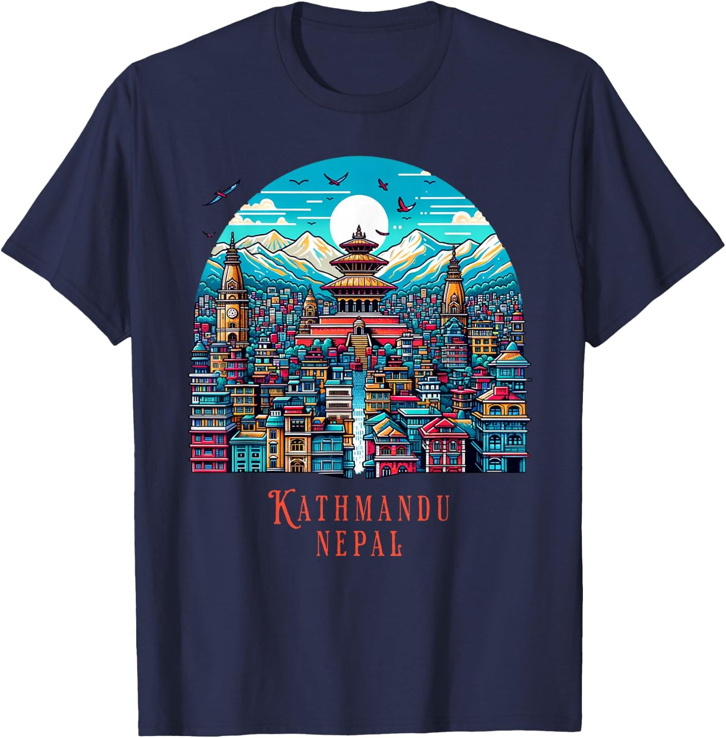 Kathmandu Skyline Nepal Himalayan Temple Mountains Kathmandu T-Shirt - T-Shirt | Navy
