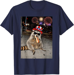 Funny Raccoon Eating Hot Dog 4th of July Men Women Kids T-Shirt - T-Shirt | Navy