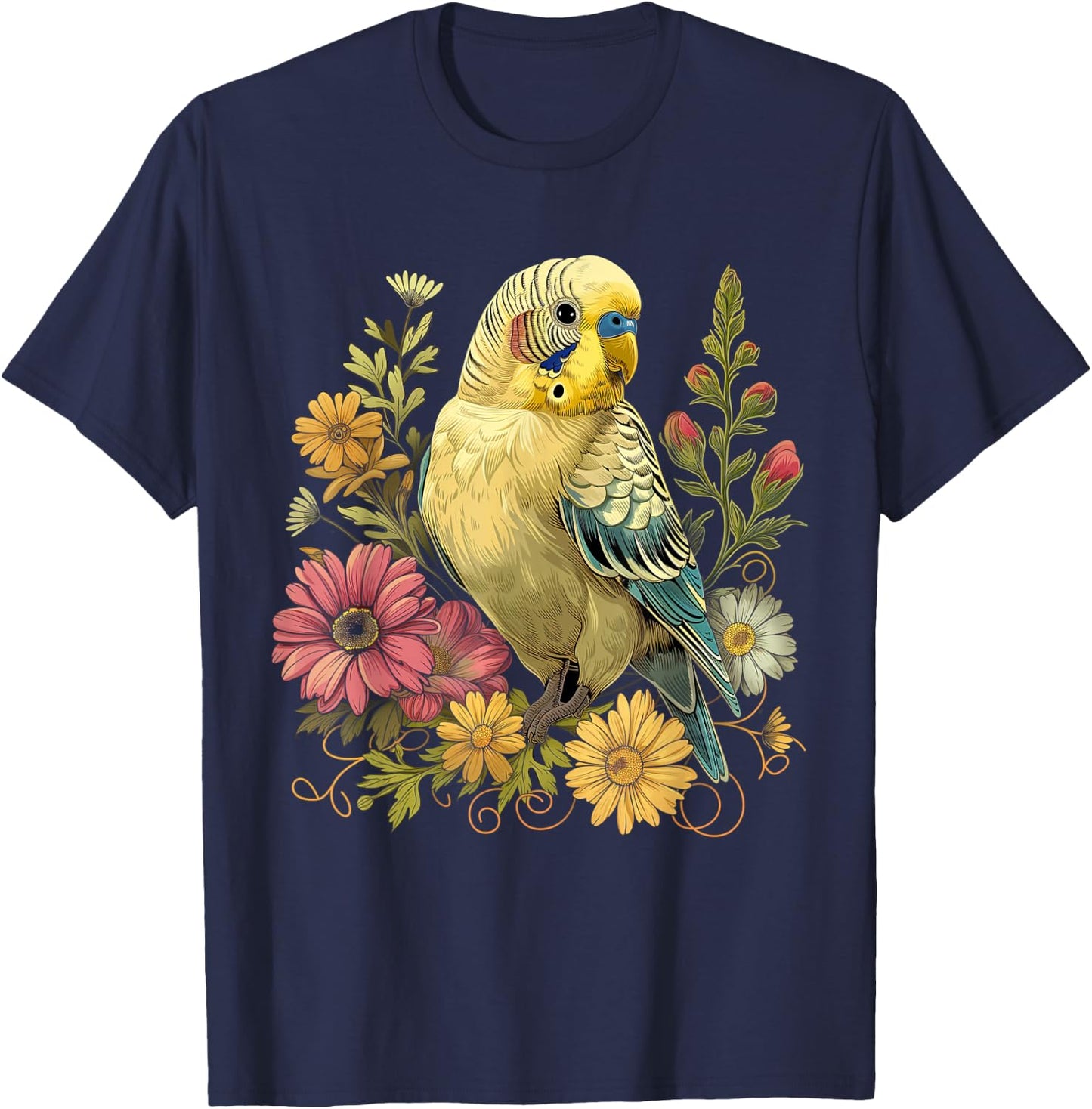 Budgie Parakeet Bird Mom Budgerigar Parrot Vintage Flower T-Shirt - T-Shirt | Navy