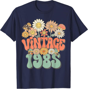 Retro Groovy Vintage 1985 Floral Hippie Daisy 40th Birthday T-Shirt - T-Shirt | Navy