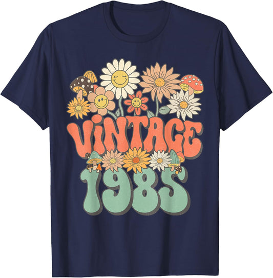 Retro Groovy Vintage 1985 Floral Hippie Daisy 40th Birthday T-Shirt - T-Shirt | Navy
