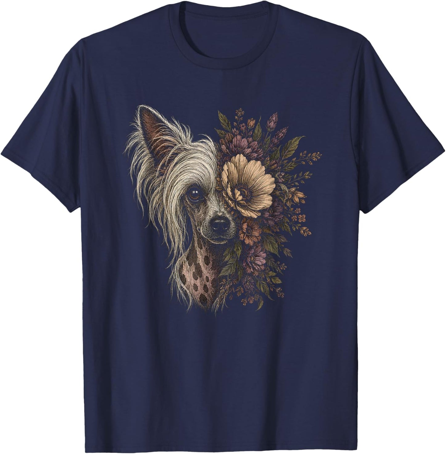 Floral Chinese Crested Dog Artwork Design T-Shirt - T-Shirt | Navy