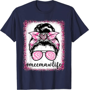 Tie Dye Meemaw Life Leopard Messy Bun Bleaches Mother's Day T-Shirt - T-Shirt | Navy