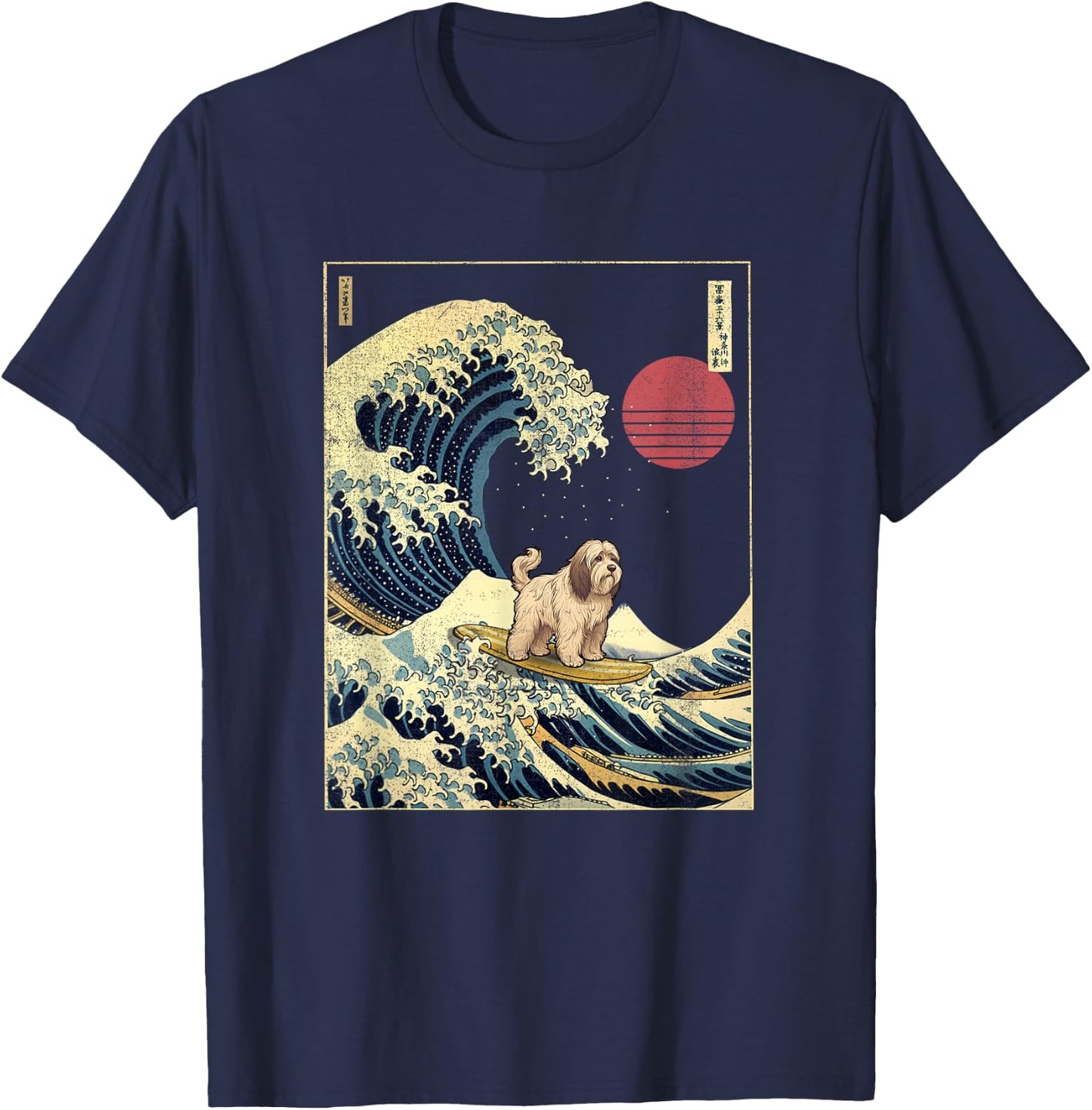 Tibetan Terrier Japanese Kanagawa Wave Funny Surf Dog T-Shirt - T-Shirt | Navy