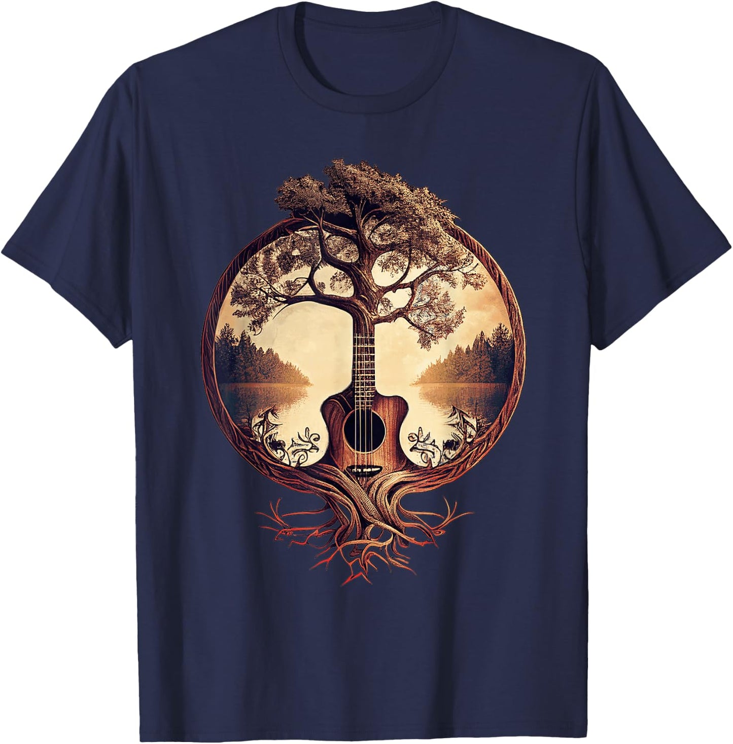 Acoustic Guitar Tree at the Edge of the Lake for Guitarist , Black, S T-Shirt - T-Shirt | Navy
