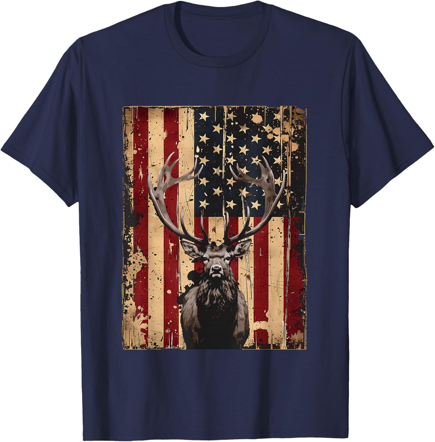 American Flag Outdoor Antlers Elk Deer T-Shirt - T-Shirt | Navy