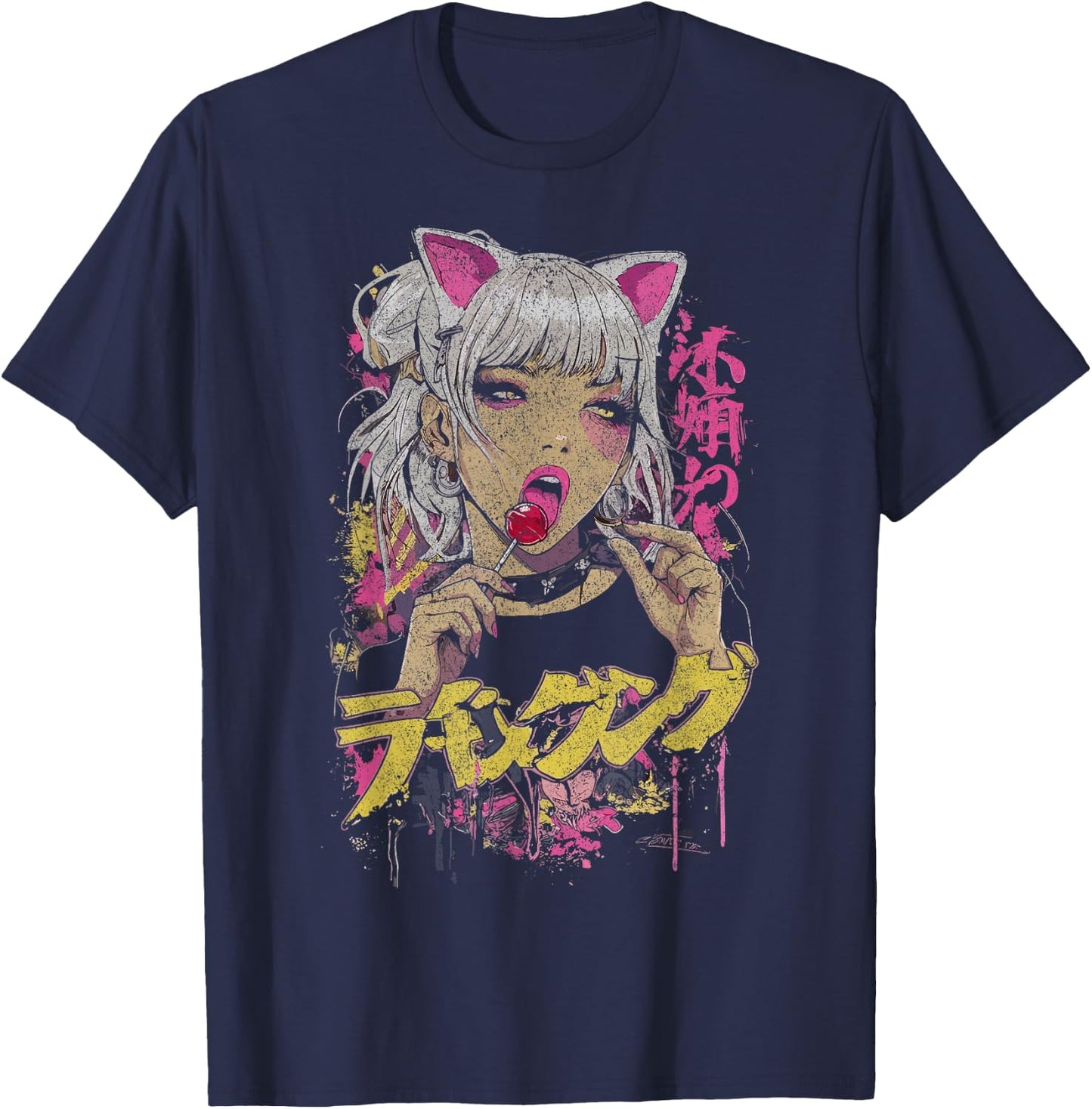 Japanese Streetwear Anime Girl Lolly Cyberpunk Y2K Anime T-Shirt - T-Shirt | Navy