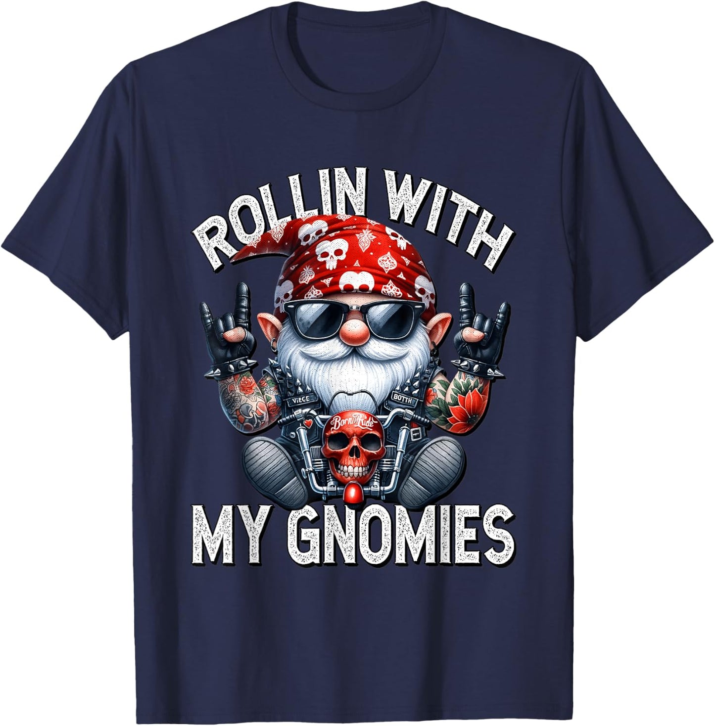 Funny Motorcycle Gnome For Biker Dad Rollin With My Gnomies T-Shirt - T-Shirt | Navy