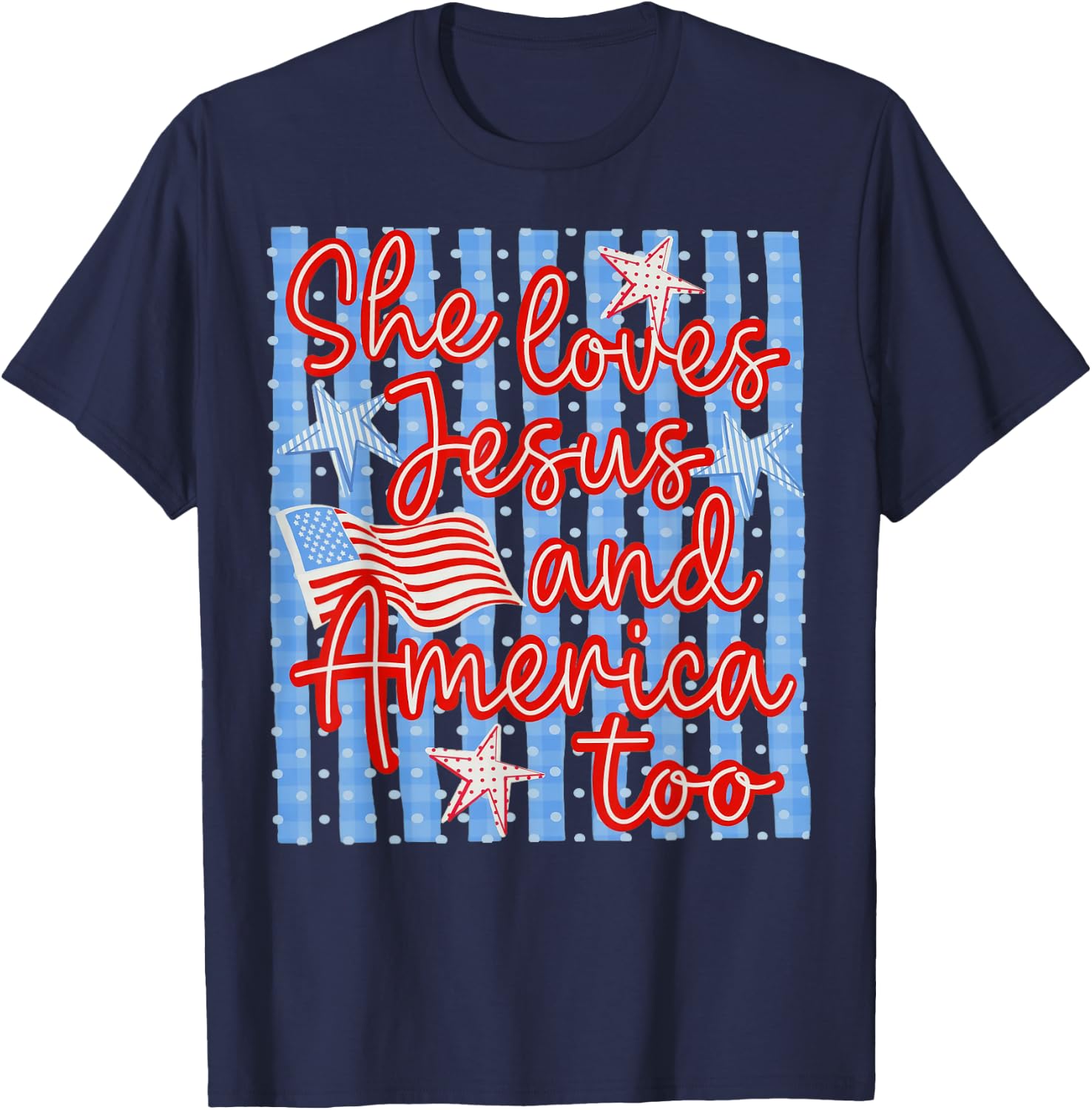 Retro Striped 4th of July She Loves Jesus and America Too T-Shirt - T-Shirt | Navy