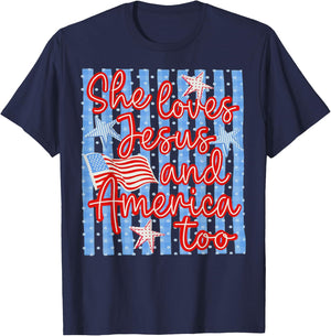 Retro Striped 4th of July She Loves Jesus and America Too T-Shirt - T-Shirt | Navy