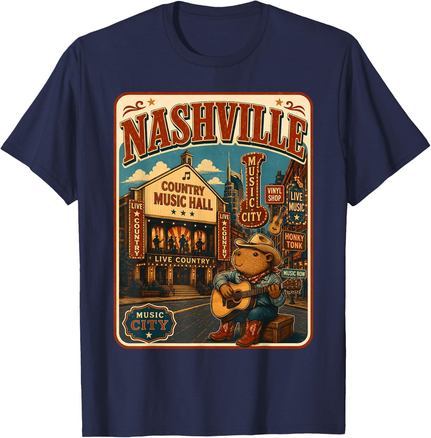 Nashville Capybara Travel Postcard Country Guitar T-Shirt - T-Shirt | Navy