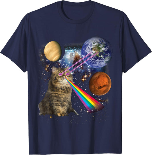 Laser Cat Rainbow Galaxy Space Design for Pet Lovers T-Shirt - T-Shirt | Navy