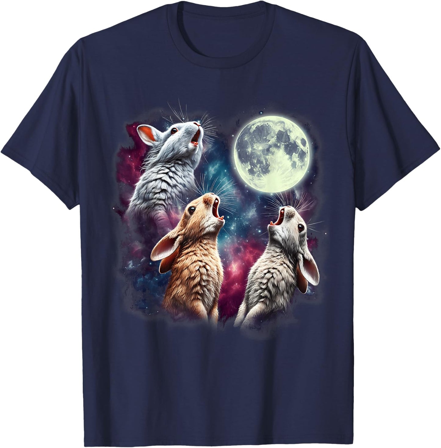 Three Rabbits Howling at Moon Funny Bunny Weird Cursed Meme T-Shirt - T-Shirt | Navy