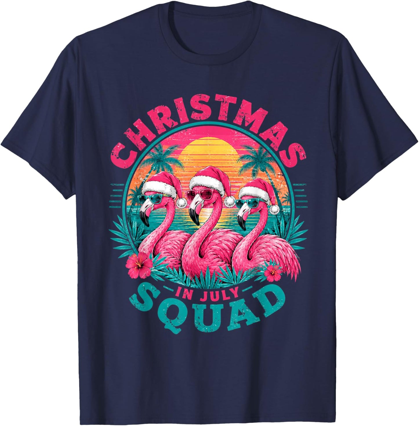 Christmas in July Flamingo Squad Beach Sunset T-Shirt - T-Shirt | Navy