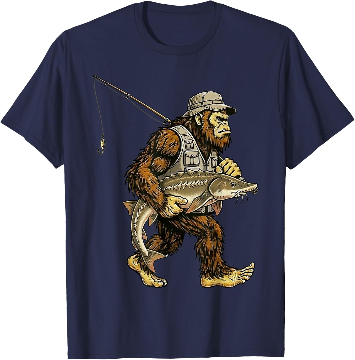Sturgeon Bigfoot Fisherman River Fishing Sasquatch T-Shirt - T-Shirt | Navy