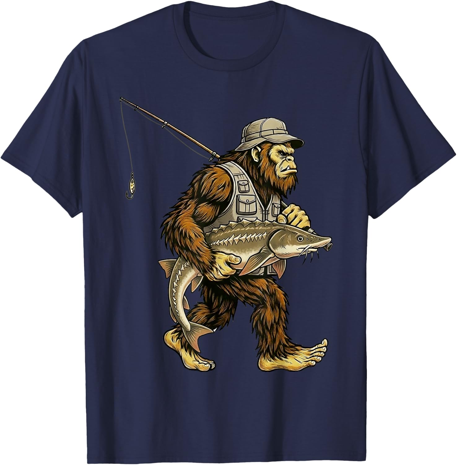 Sturgeon Bigfoot Fisherman River Fishing Sasquatch T-Shirt - T-Shirt | Navy