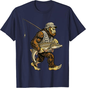 Sturgeon Bigfoot Fisherman River Fishing Sasquatch T-Shirt - T-Shirt | Navy