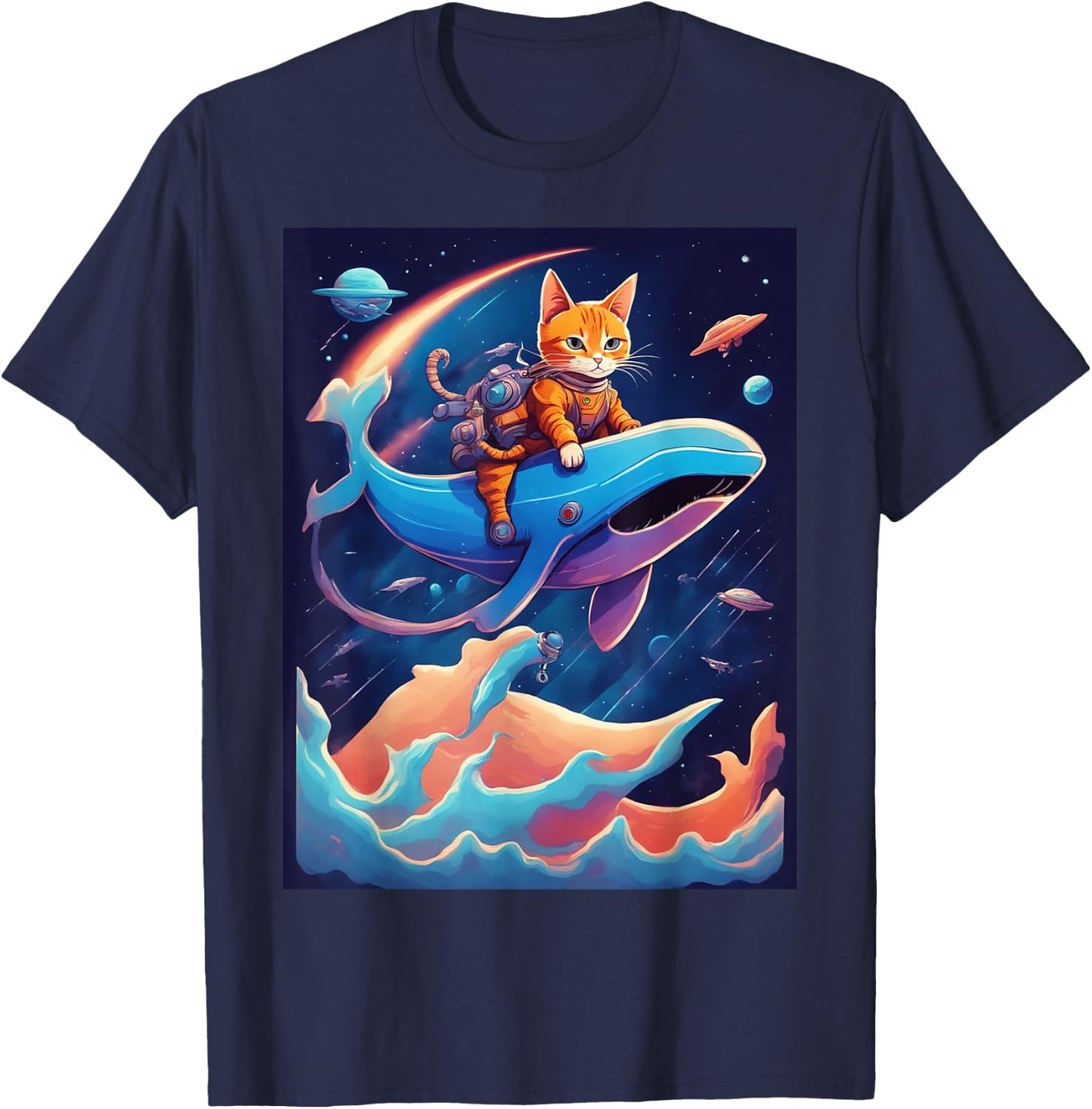 Cat Riding a Whale Fantasy Scene T-Shirt - T-Shirt | Navy