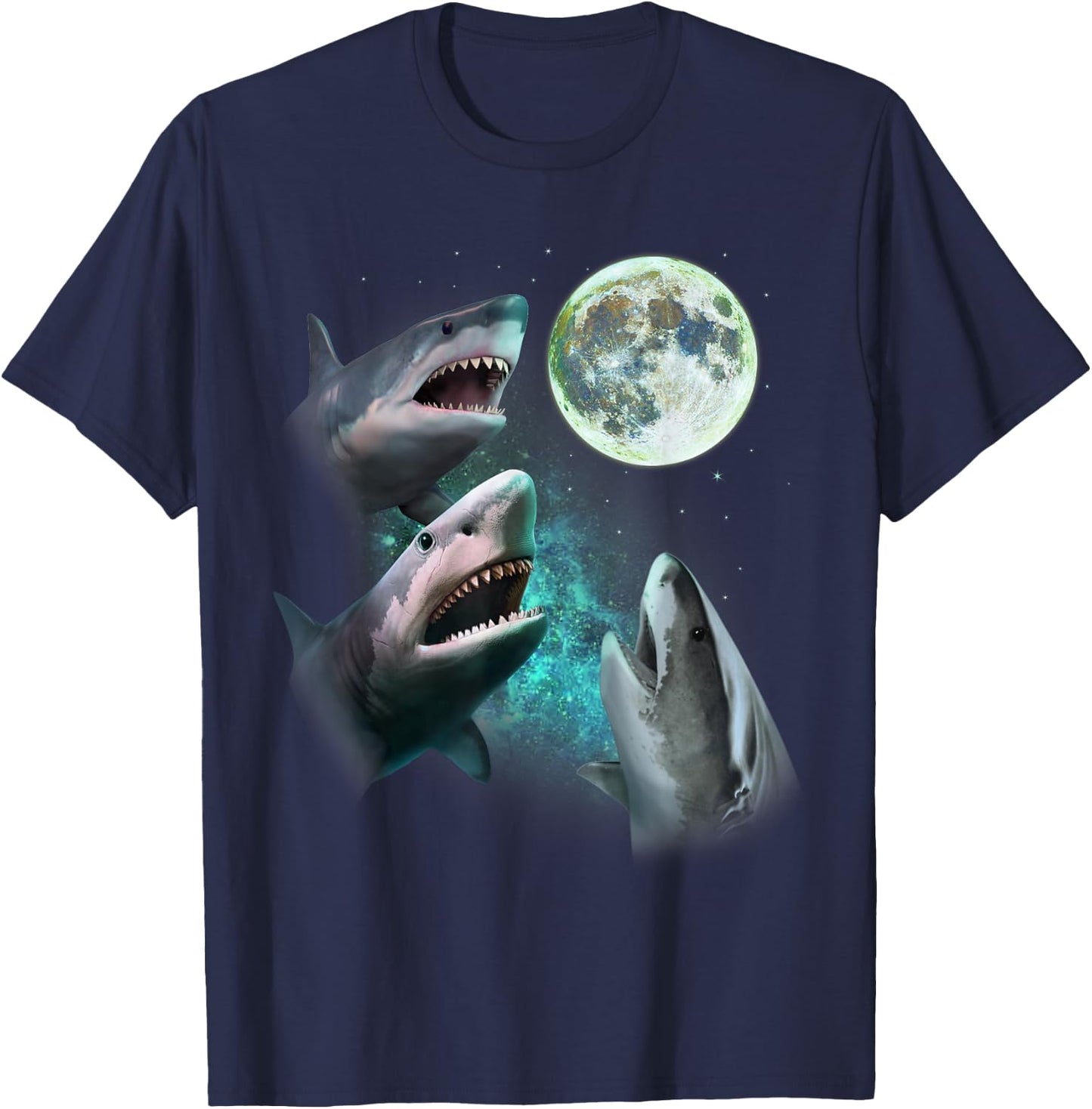 Three Great White Sharks Howl at Moon 3 Wolfs Funny Parody T-Shirt - T-Shirt | Navy