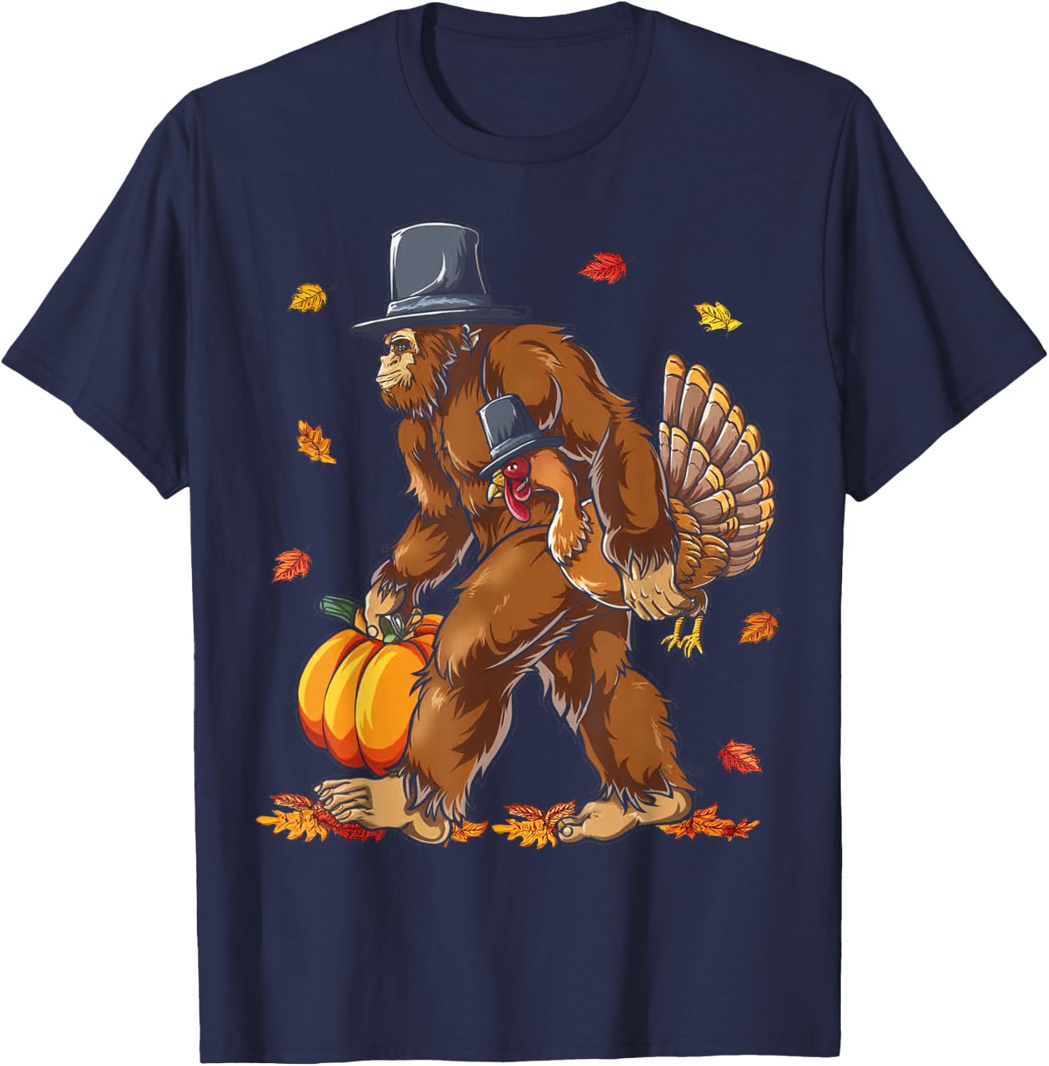 Bigfoot Pilgrim Turkey Pumpkin Funny Thanksgiving Sasquatch T-Shirt - T-Shirt | Navy