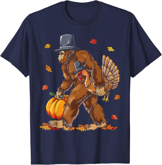 Bigfoot Pilgrim Turkey Pumpkin Funny Thanksgiving Sasquatch T-Shirt - T-Shirt | Navy