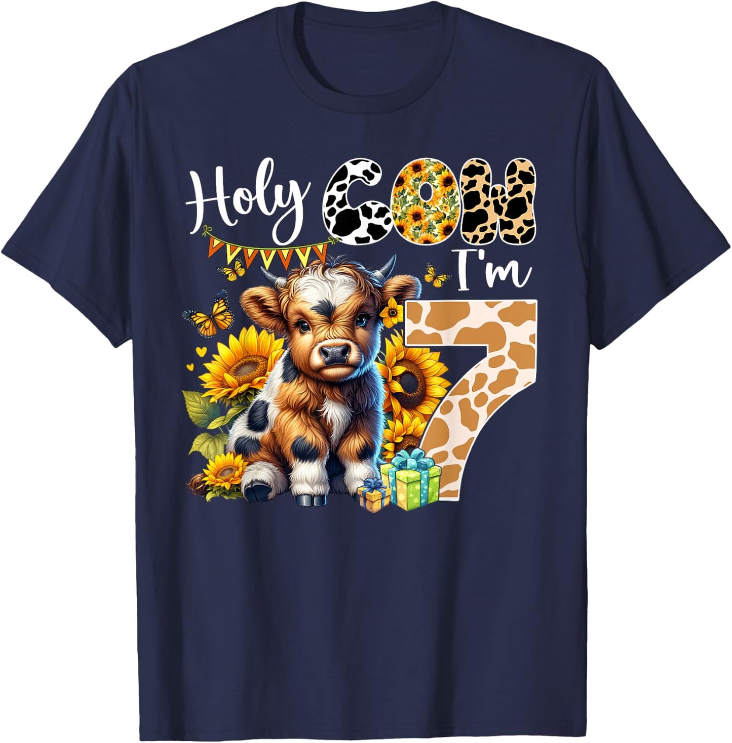 Holy Cow I’m 7 Years Old Dairy Cow Sunflowers 7th Birthday T-Shirt - T-Shirt | Navy