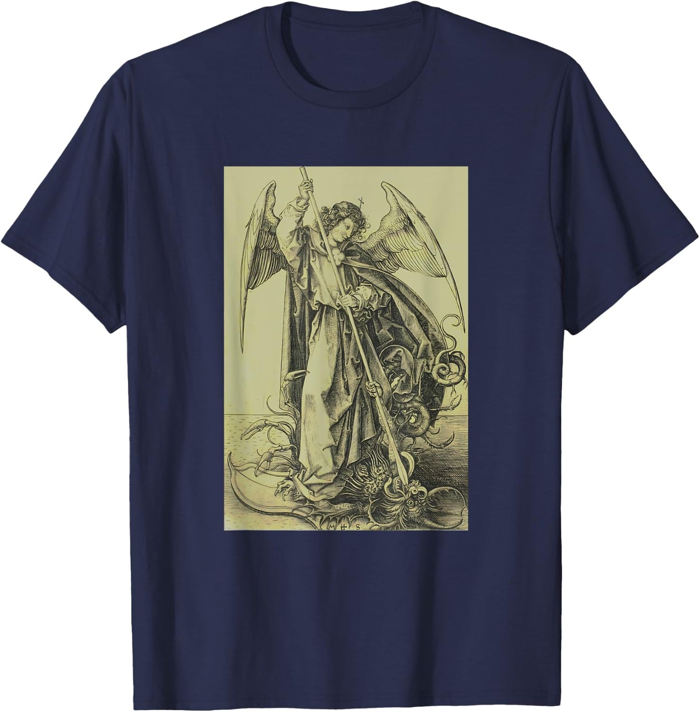 Archangel Michael Piercing Dragon Satan Martin Schongauer T-Shirt - T-Shirt | Navy