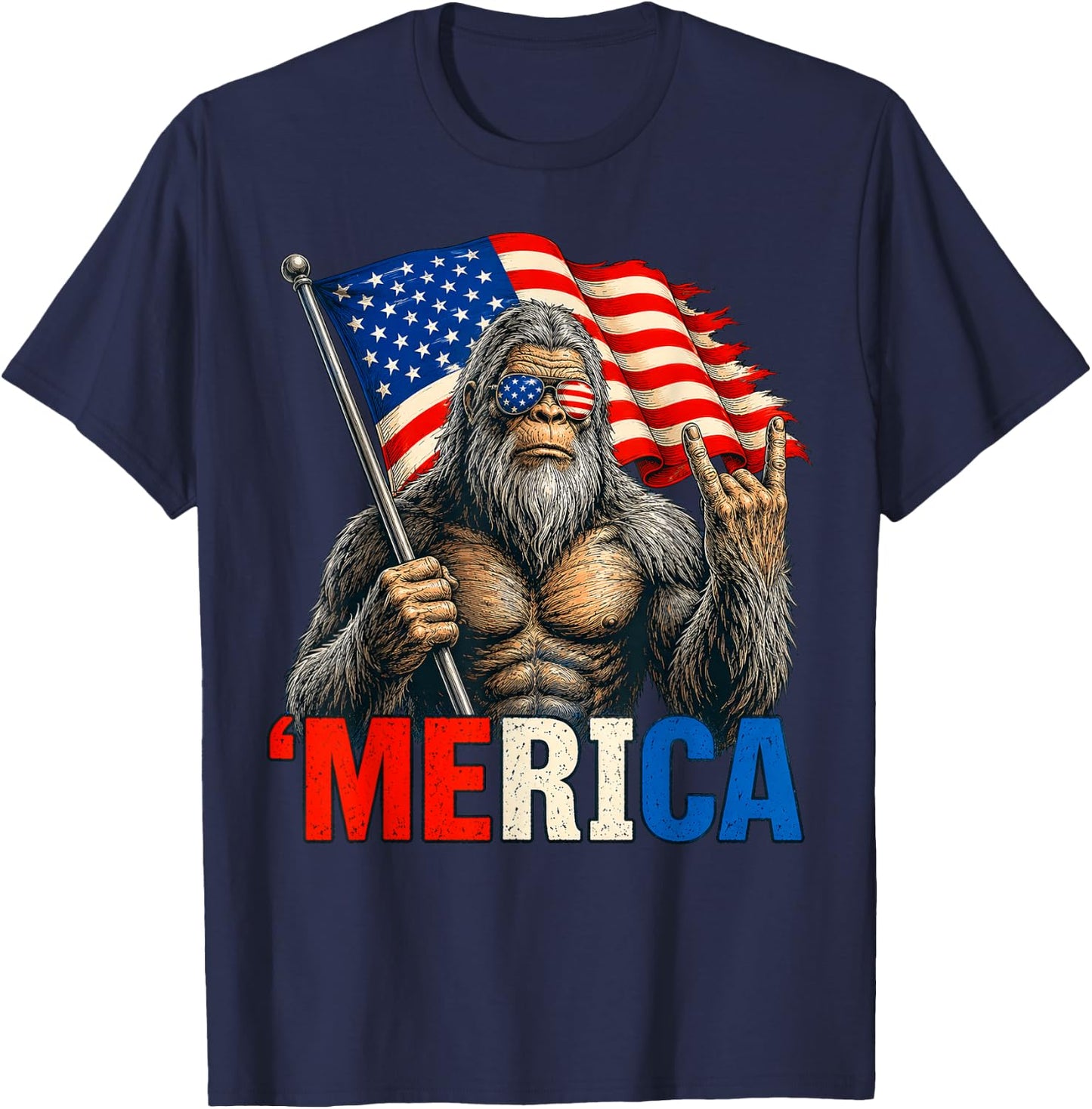 Bigfoot Merica Rock American Flag Patriotic 4th of July T-Shirt - T-Shirt | Navy