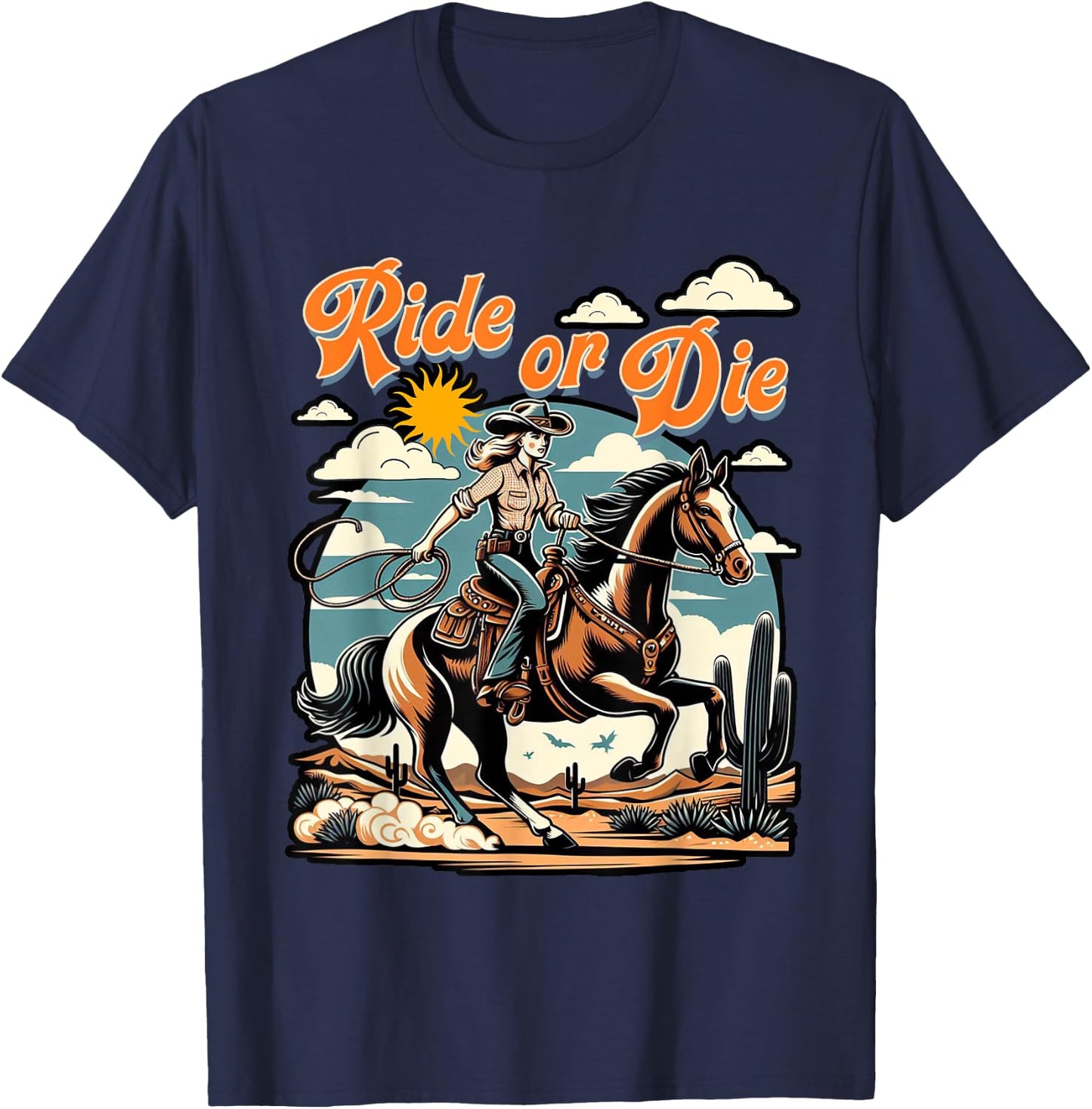 Vintage 1950s Cowgirl Horse Ride Or Die Country Western Life T-Shirt - T-Shirt | Navy