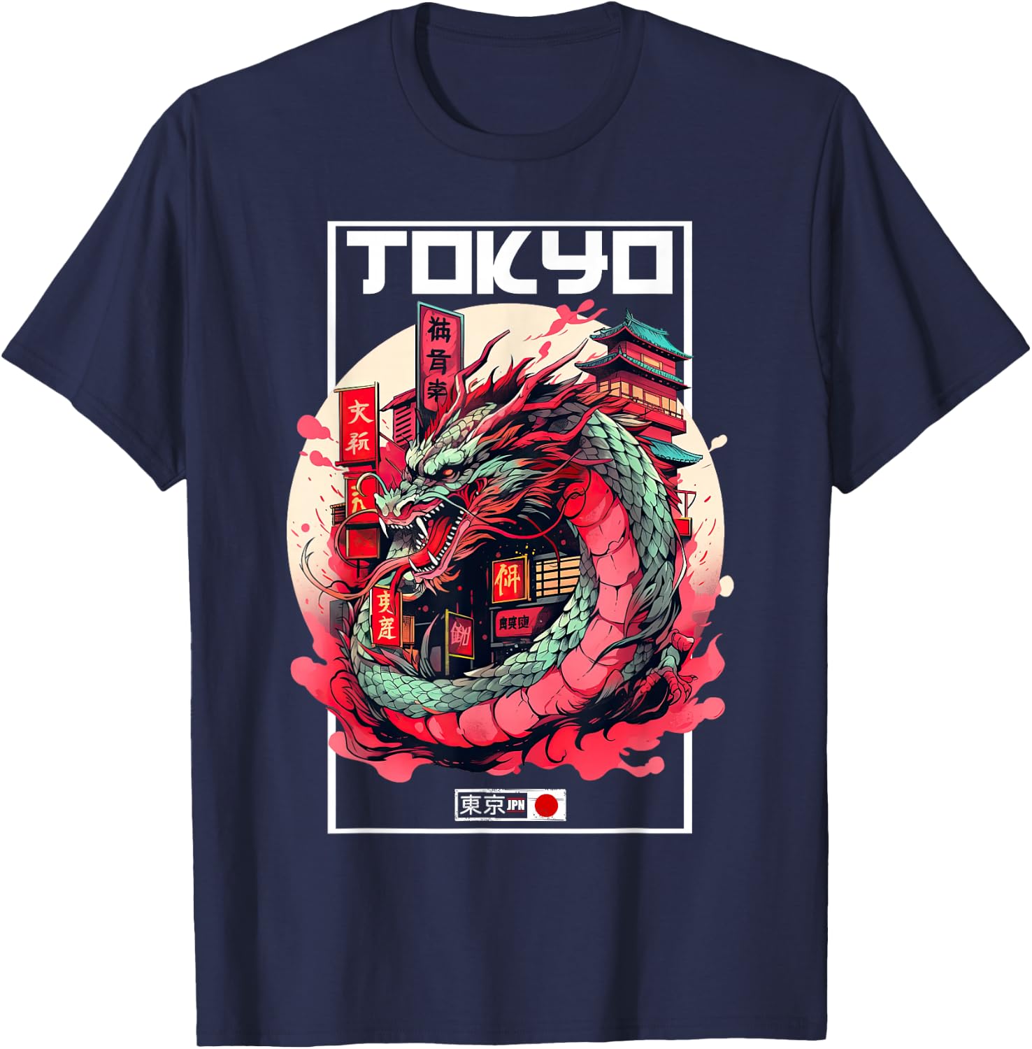 Tokyo Asian inspired vintage style 80s retro Japanese Dragon T-Shirt - T-Shirt | Navy