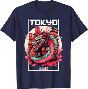 Tokyo Asian inspired vintage style 80s retro Japanese Dragon T-Shirt - T-Shirt | Navy