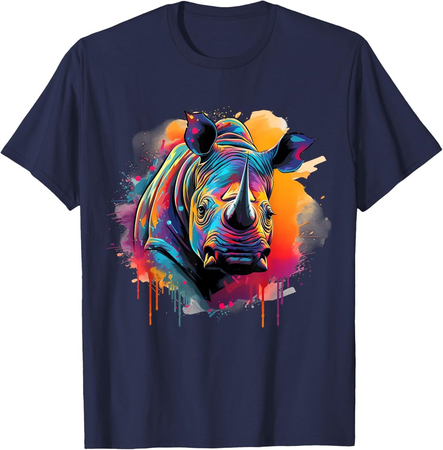 Rhinoceros Artwork Portrait Animal Art Colorful Splash Rhino T-Shirt - T-Shirt | Navy