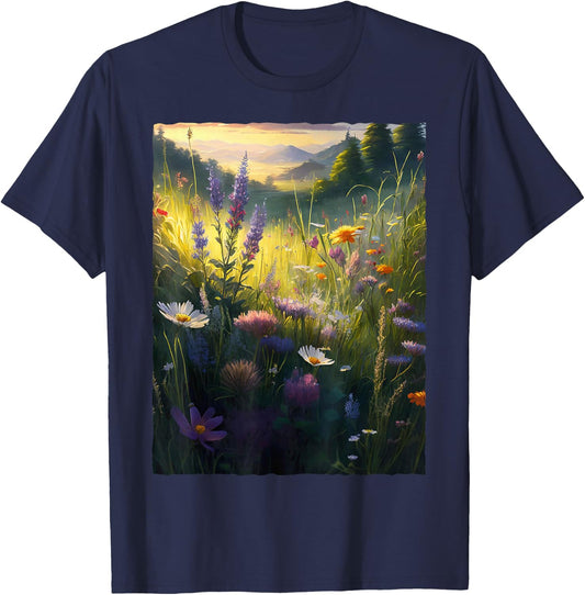 Wildflower Meadow Mountain Sunset Nature Cottagecore T-Shirt - T-Shirt | Navy