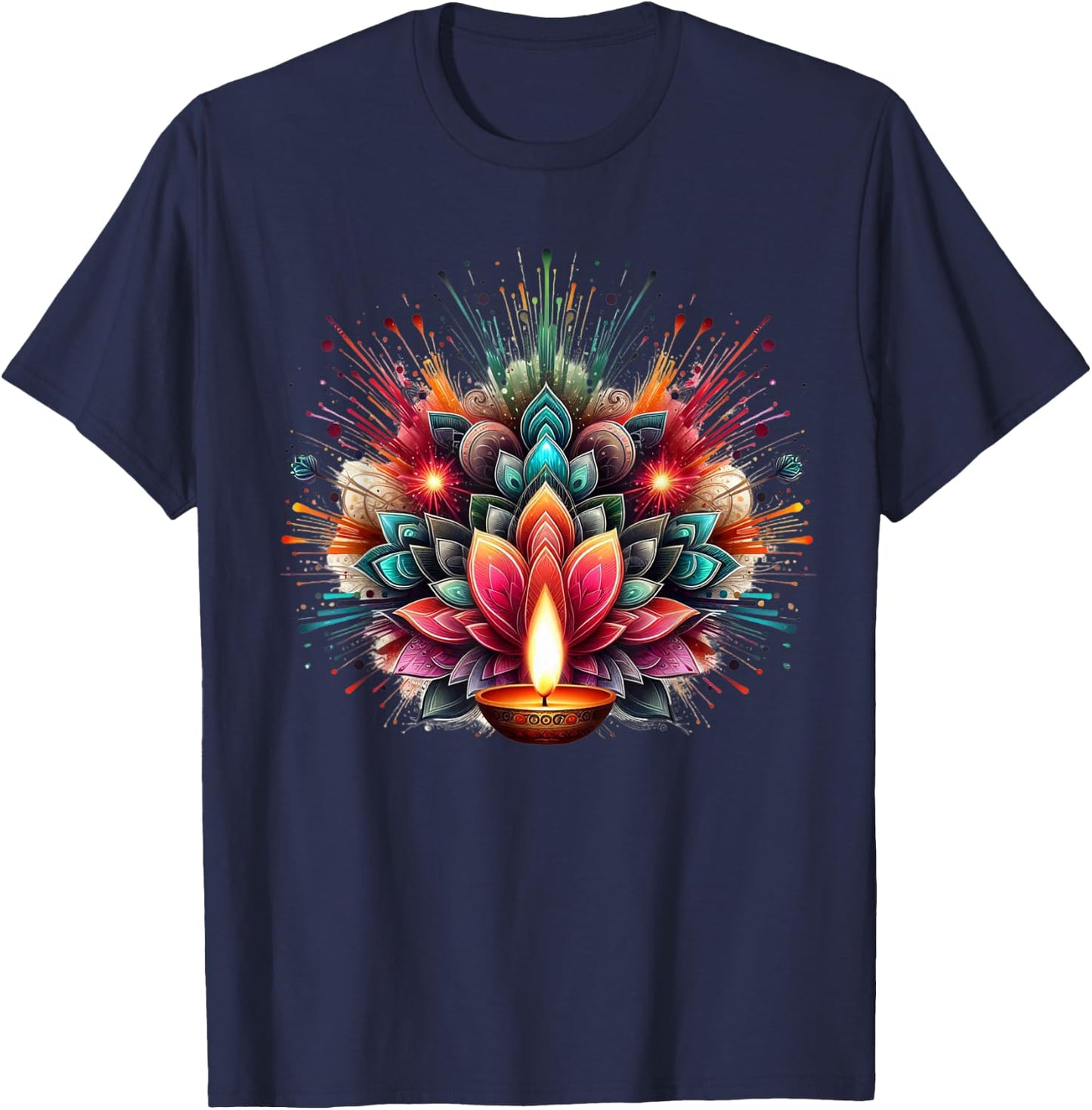 PV Mata Diwali Diya Explosion of Colors -Adults , Black, Small, Short Sleeve T-Shirt - T-Shirt | Navy