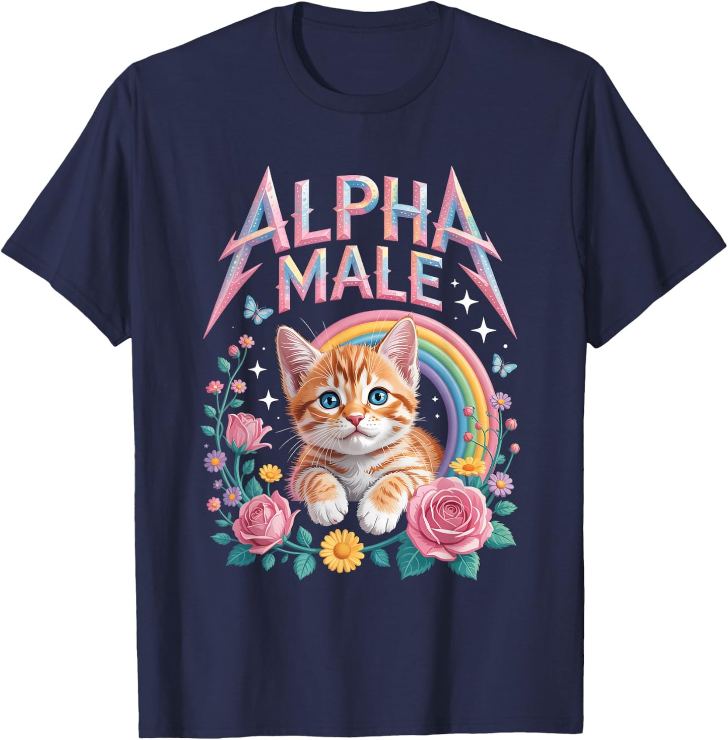 Alpha a Male Ingwer Kätzchen Regenbogen Blumen Kitty Katzenliebhaber T-Shirt - T-Shirt | Navy