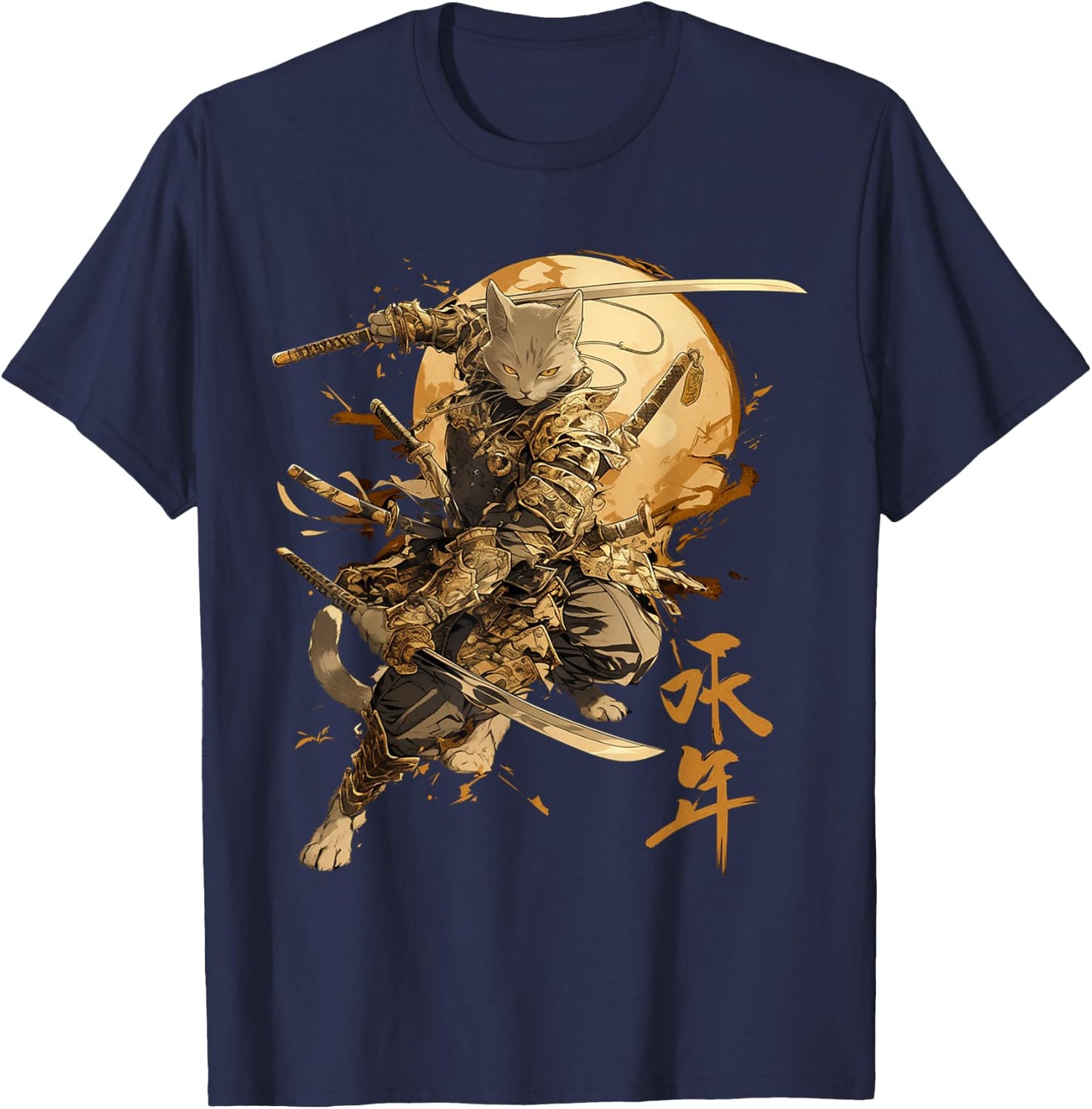 Japanese Art Cat Ninja Ukiyo-e Anime Style Samurai Cat , Black, S T-Shirt - T-Shirt | Navy