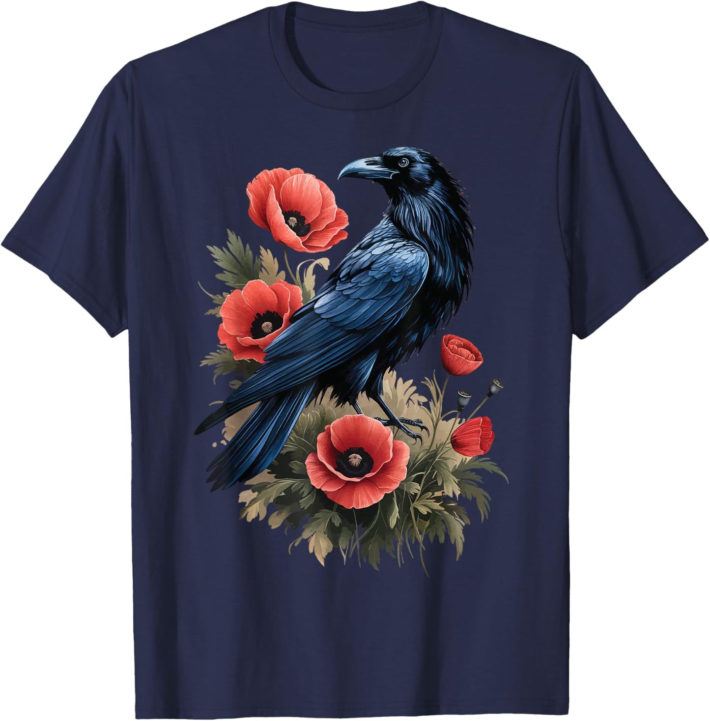 Raven Red Flowers Floral T-Shirt - T-Shirt | Navy