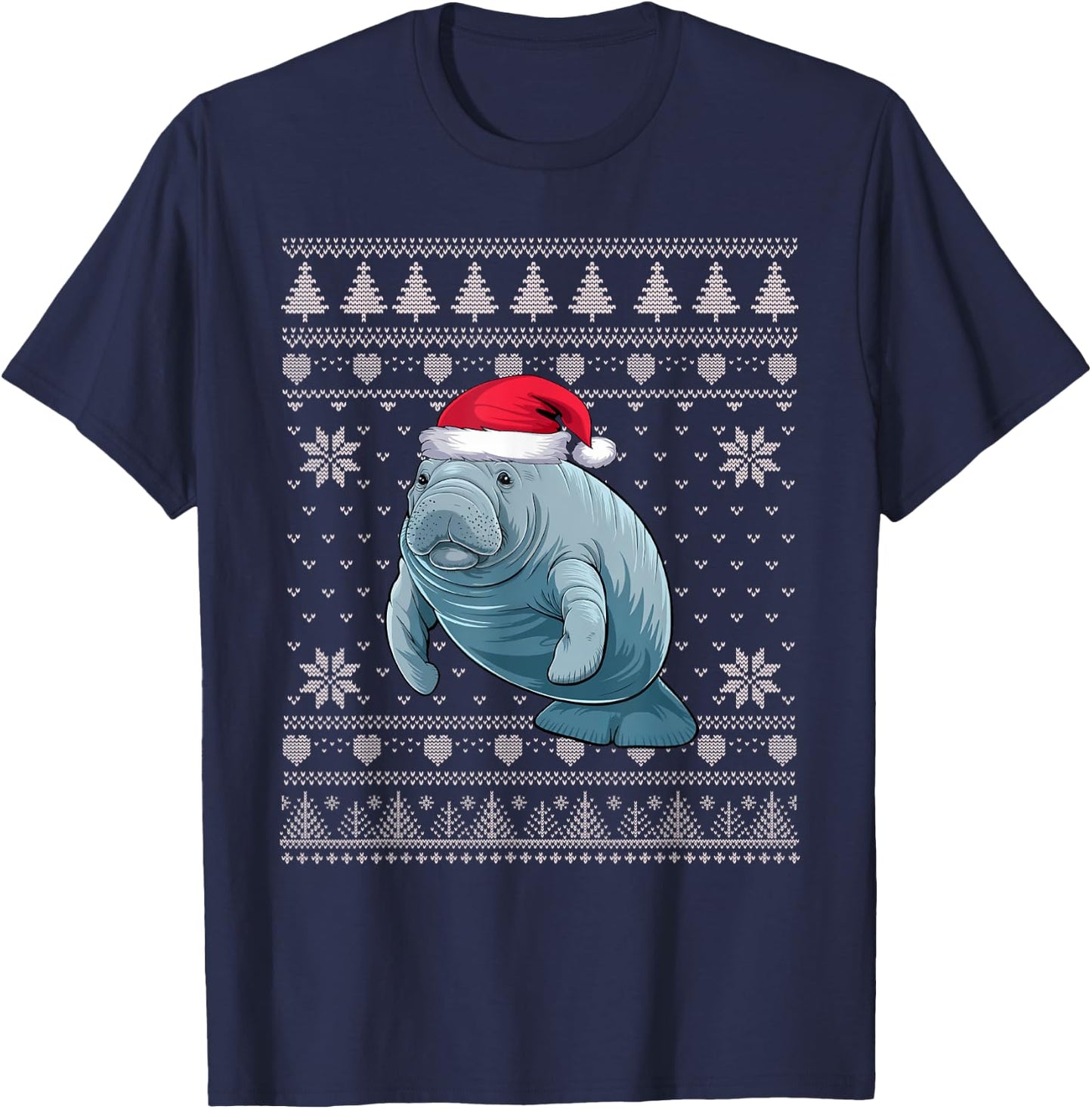 Funny Manatee Ugly Christmas Sweater Santa Xmas PJs T-Shirt - T-Shirt | Navy