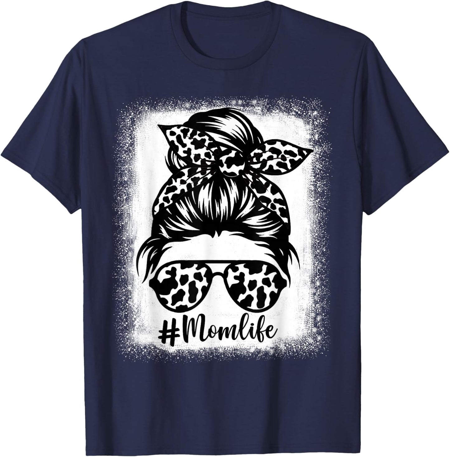 Women Mom Life Cow print Bleached, Cow Mama Heifer Messy Bun T-Shirt - T-Shirt | Navy