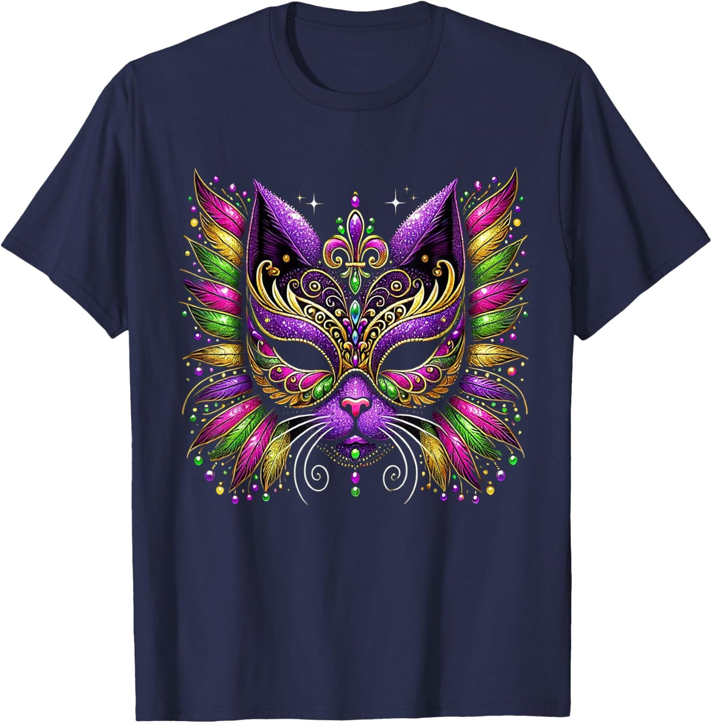 Mardi Gras Cat Mask New Orleans Women Kids Mardi Gras 2025 T-Shirt - T-Shirt | Navy