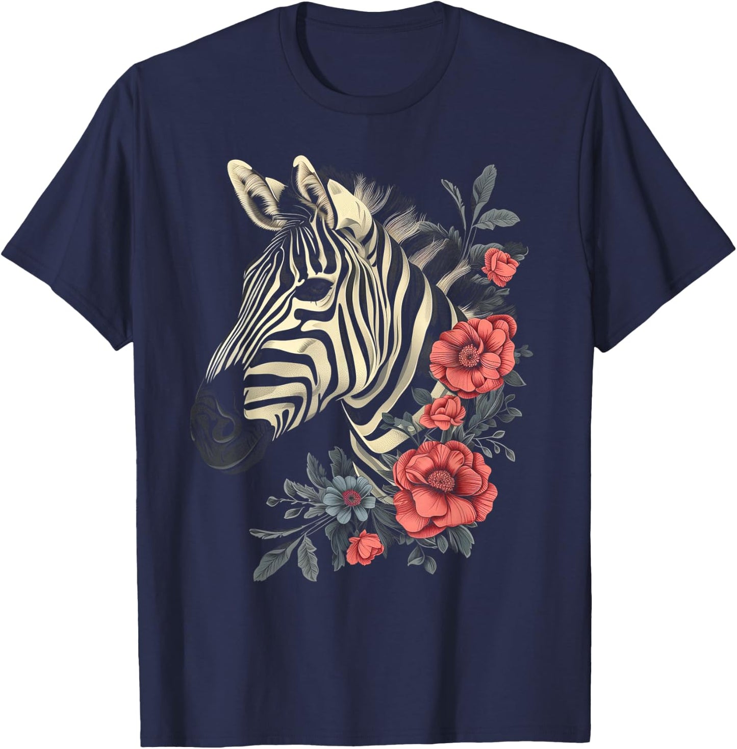 Zebra Vintage Flowers African Animal Zoo Keeper Zebra Lover T-Shirt - T-Shirt | Navy