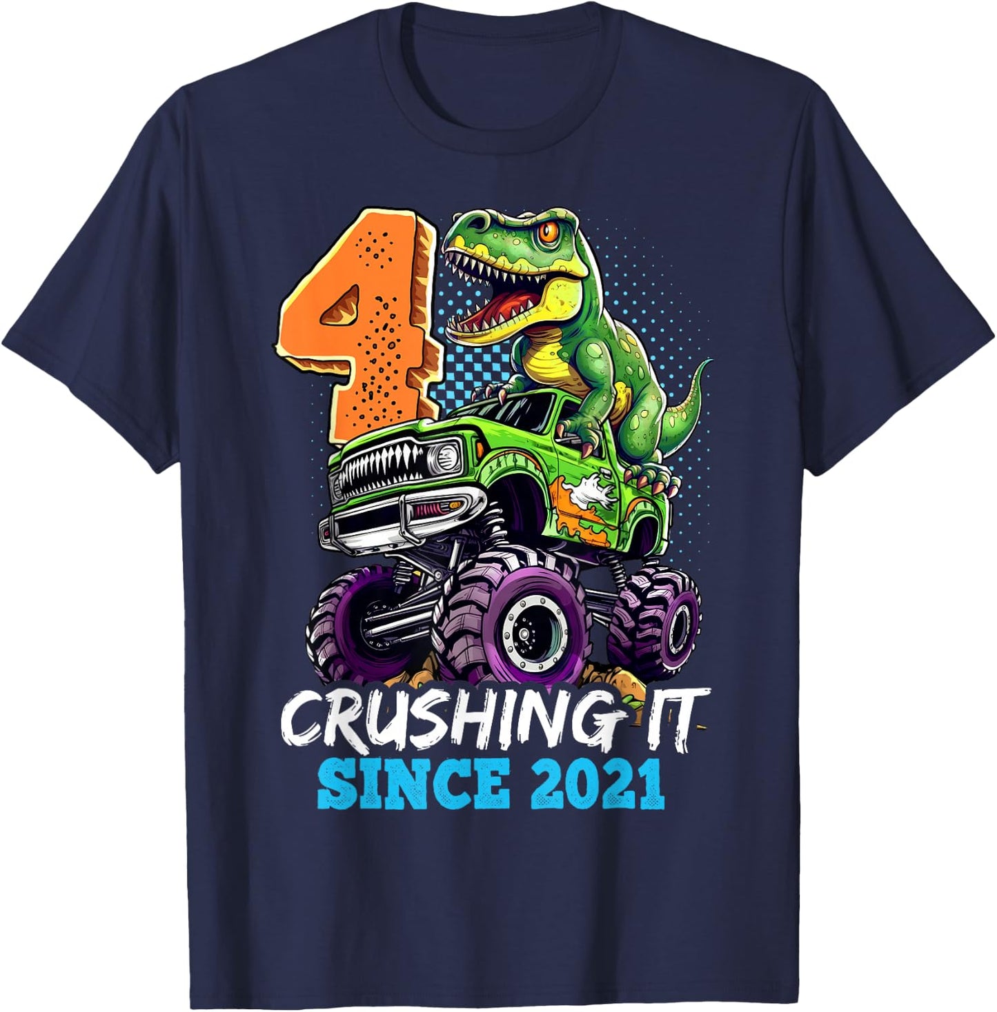 4th Birthday Monster Truck Dinosaur Party Boys Rawr I'm 4 T-Shirt - T-Shirt | Navy