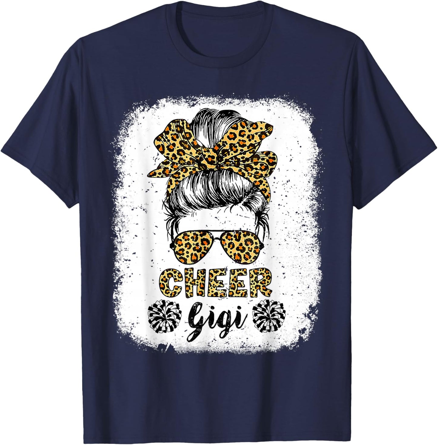 Cheer Gigi Leopard Messy Bun Cheerleader Bleached T-Shirt - T-Shirt | Navy