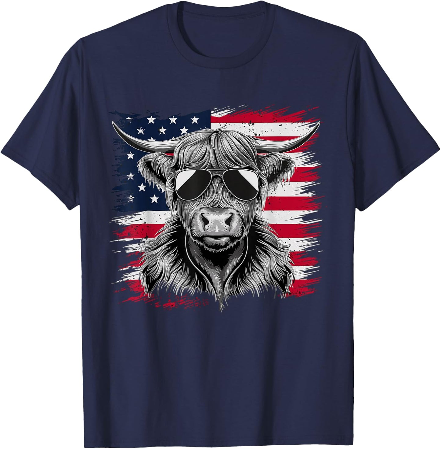 American Flag Highland Cow of July Cow Lover T-Shirt - T-Shirt | Navy