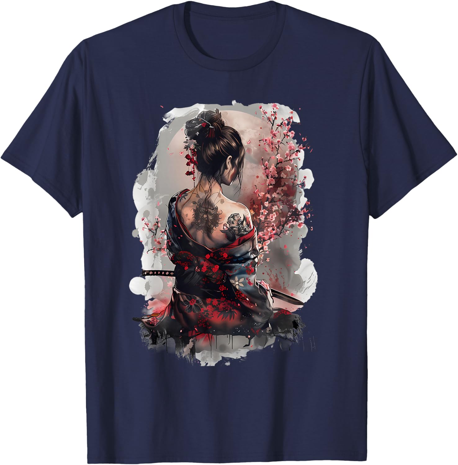 Japanese Samurai Girl Sakura Cherry Blossom Japanese Geisha , black T-Shirt - T-Shirt | Navy
