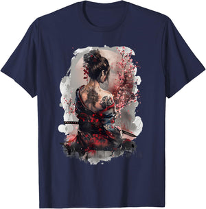 Japanese Samurai Girl Sakura Cherry Blossom Japanese Geisha , black T-Shirt - T-Shirt | Navy