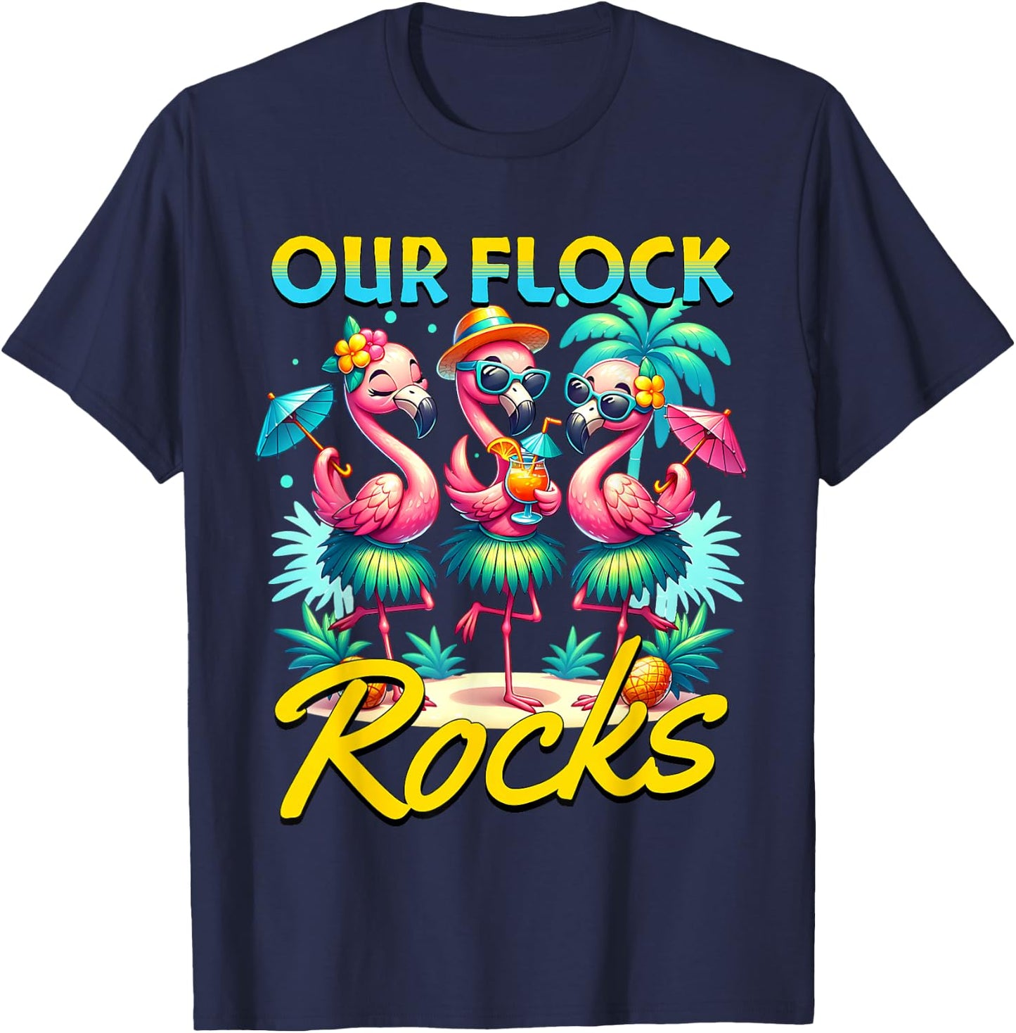 Our Flock Rocks Flamingo Summer Vacation Family Matching T-Shirt - T-Shirt | Navy