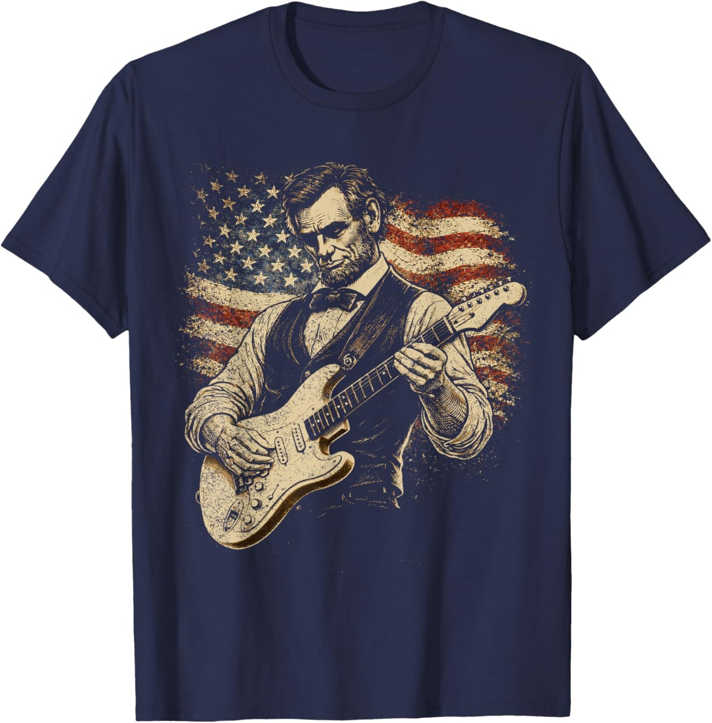 Abraham Lincoln Abe Lincoln Playing Guitar Retro Vintage T-Shirt - T-Shirt | Navy